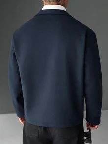 Manfinity Roughcore Men's Comfortable Solid Color Wool Fabric Double-Breasted Long Sleeve Jacket, Casual Vacation, Dinner Party, Daily Date, Simple Versatile Style, Cycling, Suitable For Personal Wear Or As A Gift For Friends, Hot-Selling Autumn/Winter Outdoor Wool Style - Royal Blue - View 2