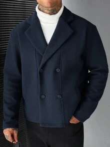 Manfinity Roughcore Men's Comfortable Solid Color Wool Fabric Double-Breasted Long Sleeve Jacket, Casual Vacation, Dinner Party, Daily Date, Simple Versatile Style, Cycling, Suitable For Personal Wear Or As A Gift For Friends, Hot-Selling Autumn/Winter Outdoor Wool Style - Royal Blue - View 3