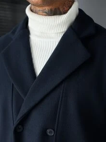 Manfinity Roughcore Men's Comfortable Solid Color Wool Fabric Double-Breasted Long Sleeve Jacket, Casual Vacation, Dinner Party, Daily Date, Simple Versatile Style, Cycling, Suitable For Personal Wear Or As A Gift For Friends, Hot-Selling Autumn/Winter Outdoor Wool Style - Royal Blue - View 4