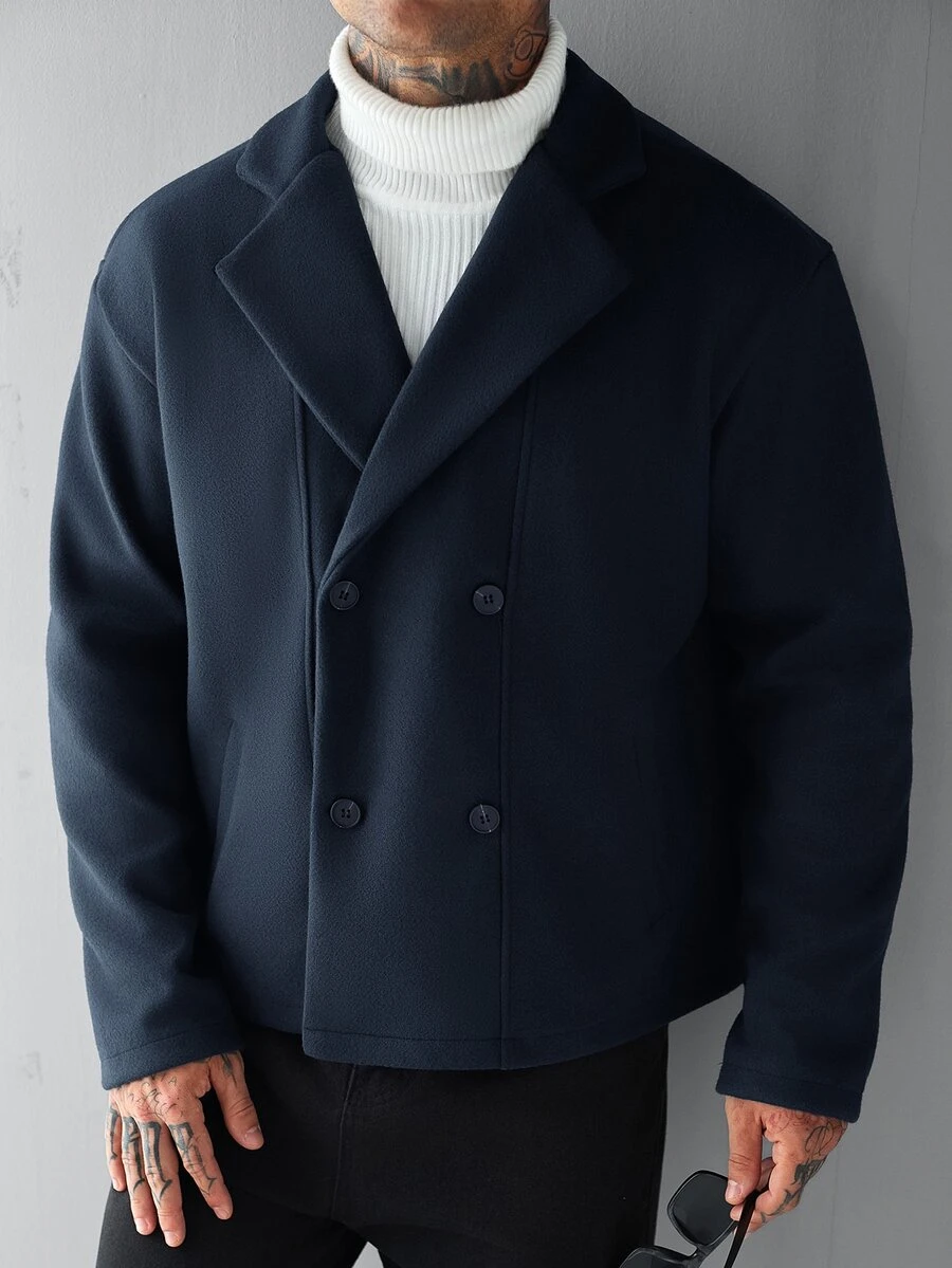 Manfinity Roughcore Men's Comfortable Solid Color Wool Fabric Double-Breasted Long Sleeve Jacket, Casual Vacation, Dinner Party, Daily Date, Simple Versatile Style, Cycling, Suitable For Personal Wear Or As A Gift For Friends, Hot-Selling Autumn/Winter Outdoor Wool Style - Royal Blue - View 1