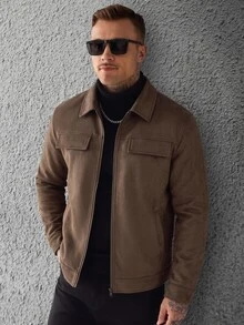 Manfinity Roughcore 男士夾克，舒適仿麂皮布料，拉鍊長袖雙口袋外套，休閒度假、朋友約會、雞尾酒會、沙龍、聚會、晚餐、日常辦公、極簡商務，特別適合春秋季節，非常適合個人穿著或作為送給朋友的禮物 - 咖啡棕 - 查看 3