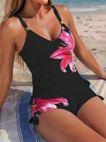 SHEIN Swim Women's Spring/Summer Two-Piece Printed Bikini Deep V-Neck Swimwear - Black - View 3