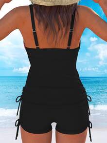 SHEIN Swim Women's Spring/Summer Two-Piece Printed Bikini Deep V-Neck Swimwear - Black - View 4