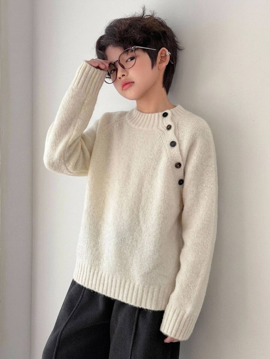 Dazy Kids Tween Boy Asymmetric Button Long Sleeve Sweater Casual Fall - Beige - View 1
