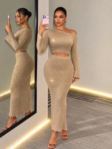 Mistrie Beige Cold Shoulder Knit Set, Cropped Sweater Top And Long Skirt, Ribbed Slim Fit, Elegant Chic Look - Apricot - View 3
