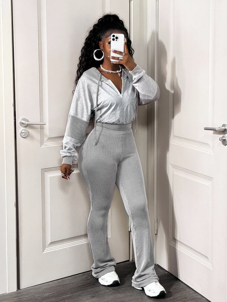 BamGleam 2pcs Women Hooded Long Sleeve Top And Pants Set - Grey - View 7