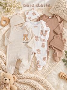 SHEIN 3pcs Newborn White Footed Jumpsuit Set, Cute Cartoon Bear Pattern Knit Pajamas, Fall Autumn/Winter Baby Neutral Outfit, Family Matching Unisex Layette - Multicolor - View 9