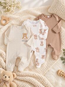 SHEIN 3pcs Newborn White Footed Jumpsuit Set, Cute Cartoon Bear Pattern Knit Pajamas, Fall Autumn/Winter Baby Neutral Outfit, Family Matching Unisex Layette - Multicolor - View 8