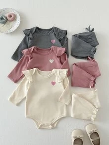 SHEIN 6件組女嬰連身衣+長褲套裝，可愛甜美粉色象牙白灰色，荷葉邊蝴蝶袖愛心設計，長袖圓領，生日派對秋季假期公主風蝴蝶結 - 藕粉色 - 查看 5