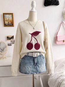 SHEIN Tween Girls Sweater, Cream Crew Neck Long Sleeve Cherry Embroidery Cropped Pullover Sweater - White - View 7