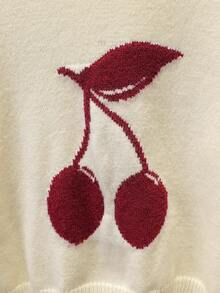 SHEIN Tween Girls Sweater, Cream Crew Neck Long Sleeve Cherry Embroidery Cropped Pullover Sweater - White - View 4