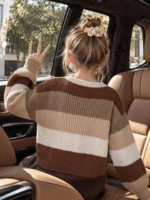 女童短版羅紋圓領長袖條紋棕色米色白色套頭毛衣 正式校園秋季復古休閒 - 彩色 - 查看 7
