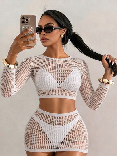 SHEIN Swim 2 Peças Cobre-Tudo Feminino Cor Sólida Sexy e Vazado em Tela, para Verão, Praia e Férias