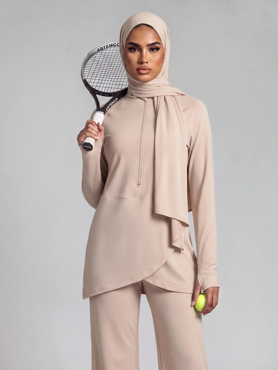 With My Calm With My Calm Women's Spring Summer Autumn Premium Outdoor New Slimming High Neck Half-Zip Textured Long Sleeve Loose Fit Hooded Drawstring Training Running Workout Top