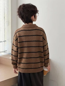 Dazy Kids Tween Boy Striped Colorblock Button Half-Placket Sweater Fall - Brown - View 2