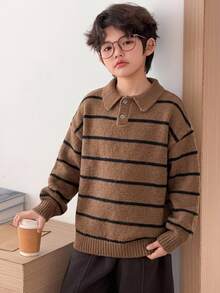 Dazy Kids Tween Boy Striped Colorblock Button Half-Placket Sweater Fall - Brown - View 4