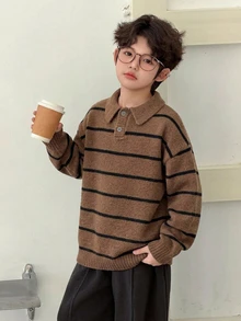 Dazy Kids Tween Boy Striped Colorblock Button Half-Placket Sweater Fall - Brown - View 5