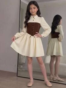 SHEIN Tween Girls Brown And Kids Cream Color Patchwork Waist- Dress, Soft Comfortable, New Fall Style For Formal Occasions, Casual Elegant Daily Wear - Apricot - View 6