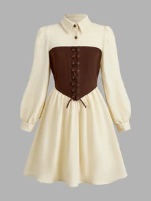 SHEIN Tween Girls Brown And Kids Cream Color Patchwork Waist- Dress, Soft Comfortable, New Fall Style For Formal Occasions, Casual Elegant Daily Wear - Apricot - View 5
