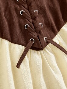 SHEIN Tween Girls Brown And Kids Cream Color Patchwork Waist- Dress, Soft Comfortable, New Fall Style For Formal Occasions, Casual Elegant Daily Wear - Apricot - View 4