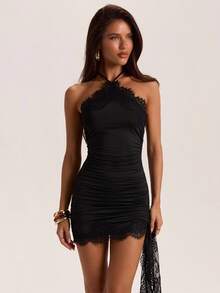 SHEIN BAE Autumn/Winter Solid Black Halter Neck Backless Fitted Slim Lace Patchwork Women's Mini Dress - Black - View 3