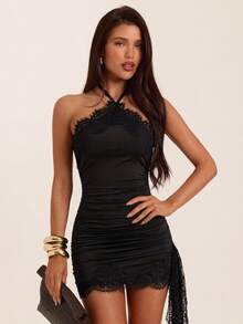 SHEIN BAE Autumn/Winter Solid Black Halter Neck Backless Fitted Slim Lace Patchwork Women's Mini Dress - Black - View 7