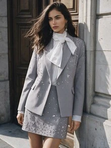Anewsta Women's Fall/Winter Elegant Classy Special Heavy Beaded Rhinestone Hand-Embellished Blazer + Skirt 2 Pieces Set Party Cocktail Night Dinner Light Grey - Grey - View 5