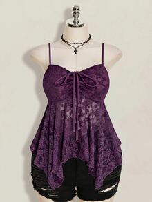 SHEIN ICON Plus Size Women's Lace Lace-Up Ruffle Sexy Versatile Date Night Out Cami Top - Purple - View 4