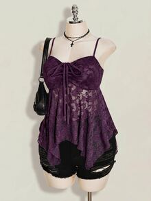 SHEIN ICON Plus Size Women's Lace Lace-Up Ruffle Sexy Versatile Date Night Out Cami Top - Purple - View 5