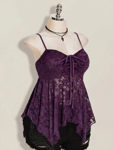 SHEIN ICON Plus Size Women's Lace Lace-Up Ruffle Sexy Versatile Date Night Out Cami Top - Purple - View 8