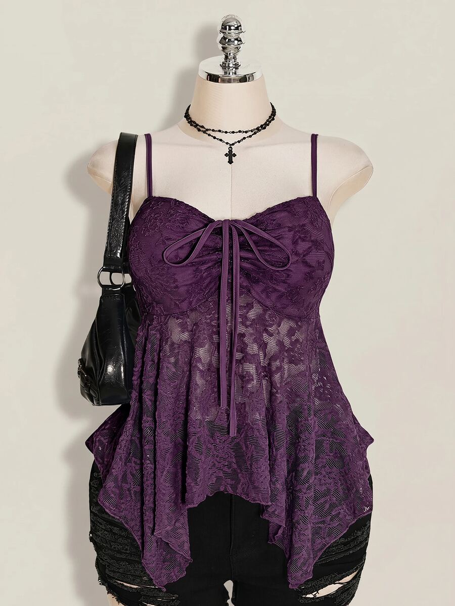 SHEIN ICON Plus Size Women's Lace Lace-Up Ruffle Sexy Versatile Date Night Out Cami Top - Purple - View 1