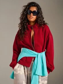 Athîral Women's Casual Stand Collar Long Sleeve Loose Sweatshirt Jacket, Autumn/Winter Sports Street Workout Running Outfit - Red - View 5