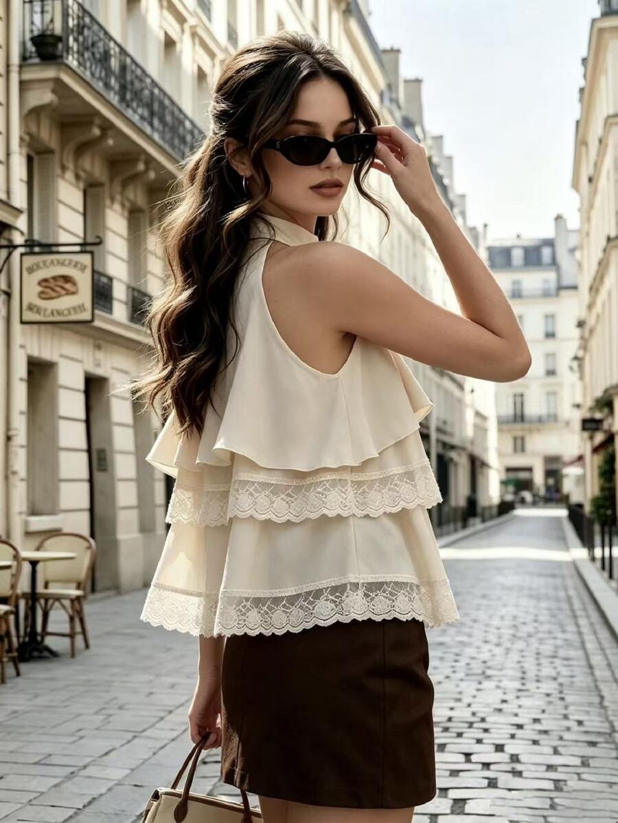Cévolie Women's Cake Chiffon Lace Patchwork Tank Top - Apricot - View 1
