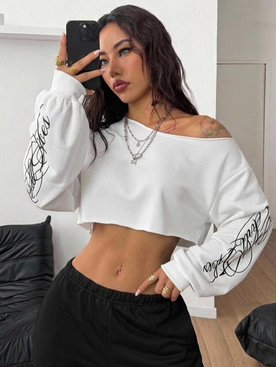 Coolane 女款冬季外出 Y2K 街頭風運動風 優雅時尚 保暖柔軟 寬鬆黑色圖案短版圓領羅紋飾邊長袖 T-shirt