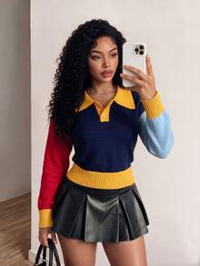 BamGleam Women's Autumn/Winter Long Sleeve Color Block Collar Casual Knit Sweater - Multicolor - View 3
