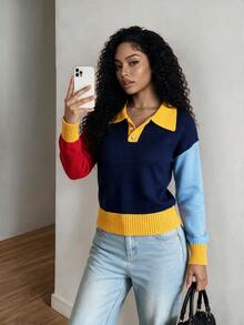BamGleam Women's Autumn/Winter Long Sleeve Color Block Collar Casual Knit Sweater - Multicolor - View 4