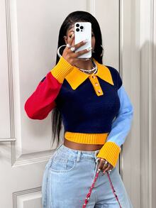 BamGleam Women's Autumn/Winter Long Sleeve Color Block Collar Casual Knit Sweater - Multicolor - View 9
