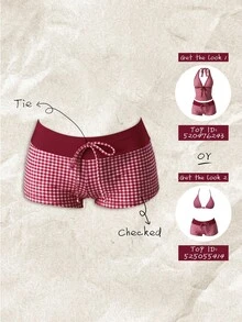 SHEIN Swim 女款夏季/秋季優雅格紋印花比基尼泳褲（不含上衣）海灘派對度假波爾多紅復古熱帶風 - 彩色 - 查看 1