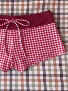 SHEIN Swim 女款夏季/秋季優雅格紋印花比基尼泳褲（不含上衣）海灘派對度假波爾多紅復古熱帶風 - 彩色 - 查看 5
