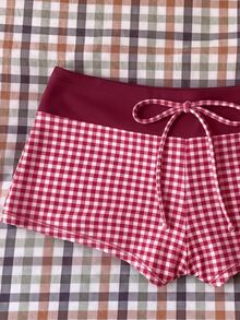 SHEIN Swim 女款夏季/秋季優雅格紋印花比基尼泳褲（不含上衣）海灘派對度假波爾多紅復古熱帶風 - 彩色 - 查看 4