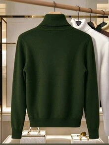 Linhara Plus Size Solid Color Turtleneck Fleece Sweater, Winter Knit Pullover Fall - Olive Green - View 2