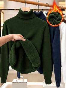 Linhara Plus Size Solid Color Turtleneck Fleece Sweater, Winter Knit Pullover Fall - Olive Green - View 1