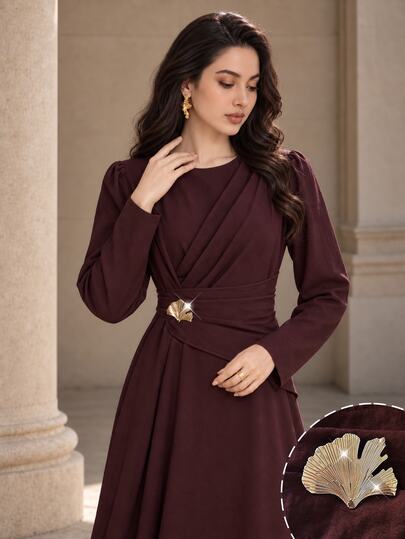 Graceveil Elegant Solid Color Round Neck Cinched Waist Pleated Metal Button Long Sleeve Flared Dress For Women Formal Occasions Christmas Thanksgiving Dinner
