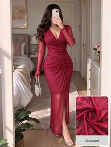 Modelyn Fall Premium Jacquard V-Neck Ruched Cinched Waist Elegant Sexy Slit Long Sleeve Women's Fashion Party Night Out Dress Christmas New Year Burgundy - Burgundy - View 2