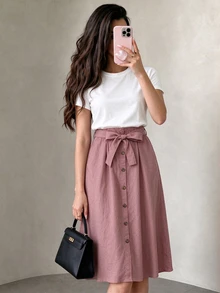 Mulvari Solid Tee & Self Tie Button Front Skirt Fall - Multicolor - View 1