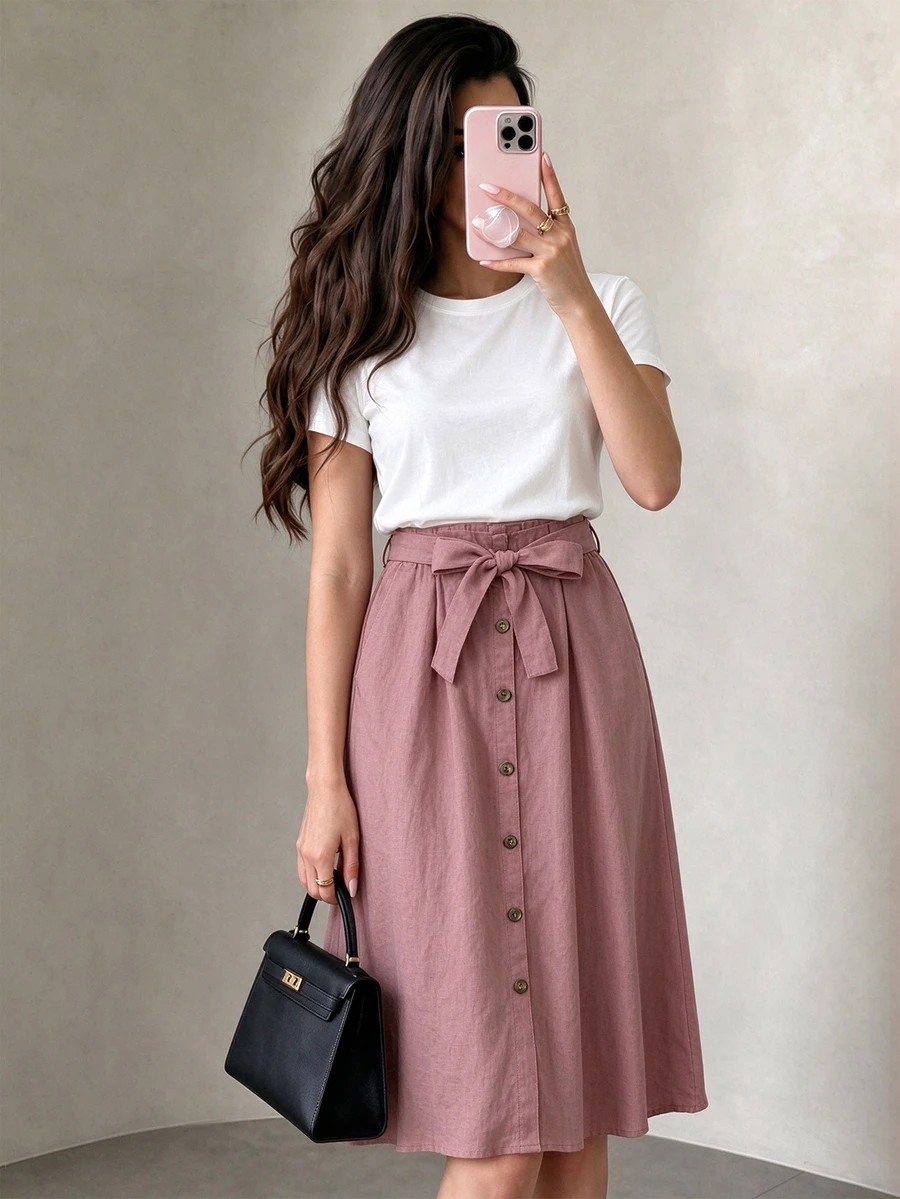 Mulvari Solid Tee & Self Tie Button Front Skirt Fall - Multicolor - View 1