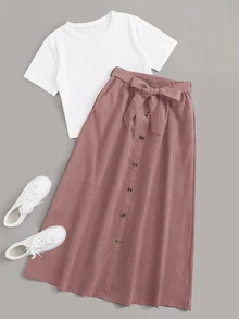 Mulvari Solid Tee & Self Tie Button Front Skirt Fall - Multicolor - View 3