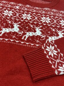 Manfinity Homme Excl. 嬰兒與兒童聖誕樹雪花印花男士圓領長袖印花毛衣，溫馨家庭氛圍親子情侶套裝 - 紅白色 - 查看 4