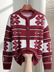 Manfinity Homme Excl. 嬰兒與兒童聖誕男士拼色休閒日常開襟衫，溫馨家庭氛圍親子情侶套裝，最佳節日禮物 - 紅色 - 查看 7