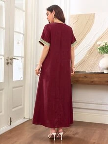 Mulvari V領刺繡蕾絲飾邊 2合1 寬鬆版型喇叭裙女款優雅酒紅色洋裝，適用派對、約會之夜、特殊場合晚宴 - 酒紅色 - 查看 8
